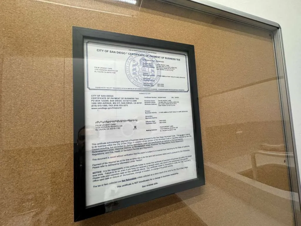 City of San Diego business license Palm Urgent Care